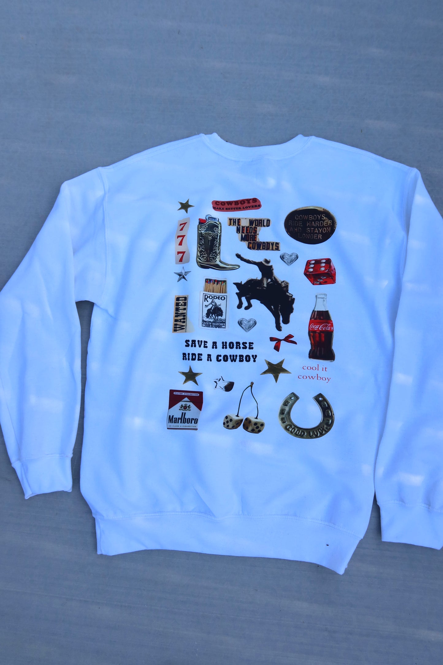 Save a horse ride a cowboy collage crewneck